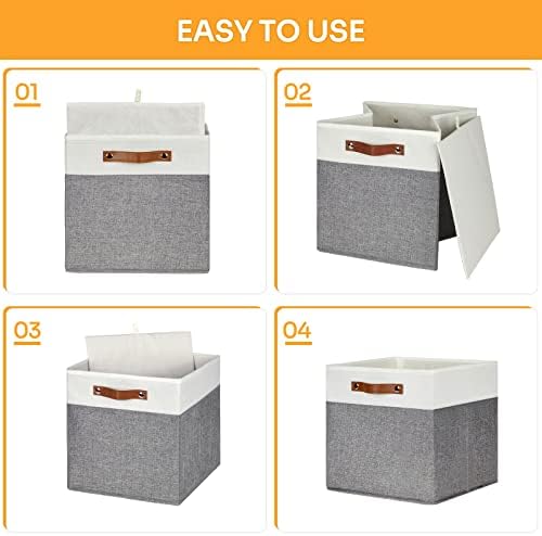 DULLEMELO Storage Cubes 13 inch, Collapsible Sturdy Cube Storage Bins With Handles for Organizing,Fabric Storage Baskets for Shelves Nursery Closet Home Organization (White&Grey-4 Pack) - Image 4