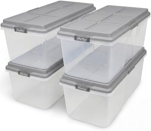 Hefty 113 Qt Hi-Rise Storage Bin with Lid, Stackable Plastic Storage Container, Organizer for Home, Garage & Closet, 4 Pack, Gray by Hefty