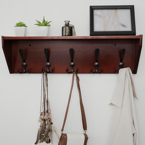 WEBI Coat Rack Wall Mount with Shelf,24" Long Wall Shelf with Hooks Underneath,5 Triple Hooks for Entryway,Hallway,Bedroom,Cherry - Image 2