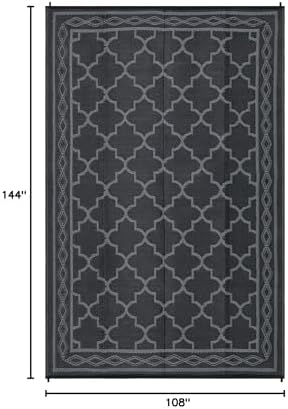 Outdoor Rug 9x12 Reversible Patio Rug Outdoor Plastic Straw Rug Moroccan Trellis Washable Rug Waterproof for Deck RV Outside Rug for Patio Backyard Picnic Camp Beach Balcony Black Grey - Image 2