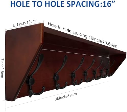 WEBI Coat Rack Wall Mount with Shelf,35" Long Wall Shelf with Hooks Underneath,7 Triple Hooks for Entryway,Hallway,Bedroom,Cherry - Image 6