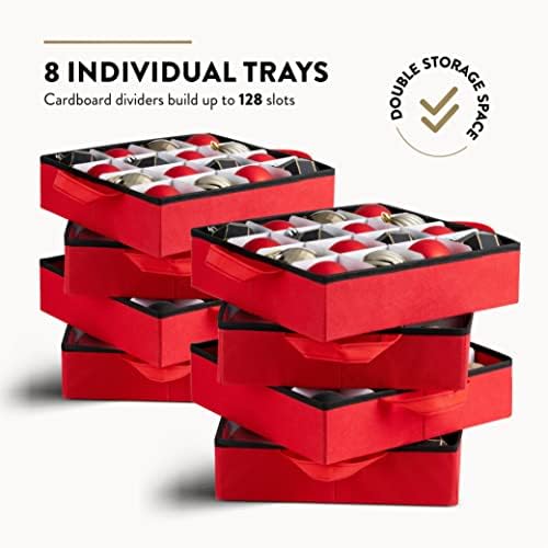 ZOBER Christmas Ornament Storage Box - Stores 128 3" Ornaments with Individual Trays - Tear Proof 600D Oxford Fabric - ornament organizer storage box, Durable Christmas Containers Holder - Red - Image 3