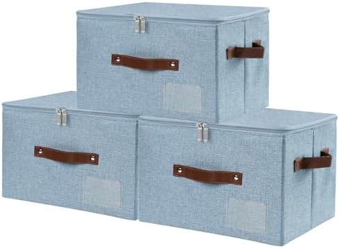ANMINY Storage Box Fabric Bins with Zipper Lid, 15"x10"x10" Blue 3PCS by ANMINY
