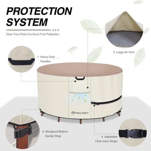 Porch Shield Waterproof Round Patio Table Cover 96 inch, Light Tan & Khaki - Image 4