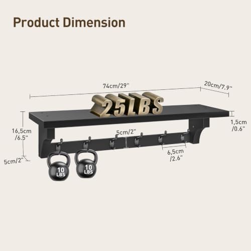 RALGEND 29" Coat Rack Wall Mount Shelf, Wall Shelf with 6 Hooks, Long Coat Hangers for Living Room, Entryway Storage Organizer, Wooden Floating Shelves for Bathroom, Bedroom, Kitchen, Black 7401BJBB - Image 2
