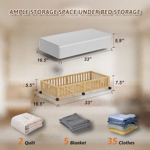 2 Pack Large Bamboo Under Bed Storage Containers with Wheels, Nature - Image 6