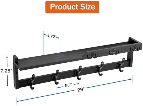 29'' Coat Rack Wall Mount with Shelf, Coat Hanger Wall Mount with Key Hooks and Mail Holder, Wood Entryway Floating Shelf with Hooks and Storage, Hat Rack for Wall Key Holder Mail Organizer - Image 6