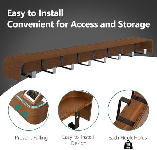 Coat Rack Wall Mount with Shelf 8 Hidden Hooks Modern Wooden Key Holder Entryway Organizer for Hallway Bedroom Bathroom Home Decor Storage for Hanging Coats Hats Bags Towels, Walnut - Image 4