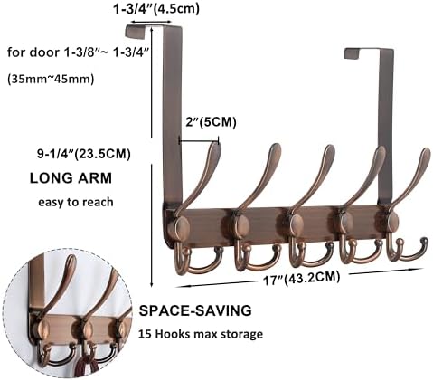 Dseap Over The Door Hook Hanger - Fits 1 3/8" to 1 3/4" Standard Doors | 5 Tri Hooks Heavy Duty Towel/Coat Rack | Door Organizer for Clothes, Jackets, Hats, Towels, Antique Copper, Pack of 2 - Image 4