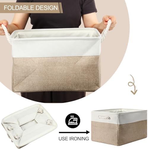 FoldTier 10 Pack Large Collapsible Fabric Storage Baskets with Handles Decorative Storage Bins for Organizing Shelves Toys Clothes(White & Beige,16 x 12 x 10 Inches) - Image 4