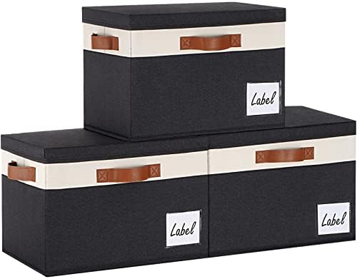 Extra Large Storage Bins with Lids, Foldable Fabric Storage Baskets with Lids, Sturdy Storage Boxes with Labels and 3 PU Handles for Closet Home Bedroom Office (32L, 3 Packs, Black&White) by PFFVRP