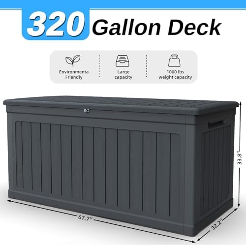 320 Gallon Outdoor Storage Deck Box, Waterproof Resin Deck Boxes with Handle & Lockable for Patio Furniture, Garden & Pool Tools -Swimming Pool, UV Resistant, Black (320) - Image 2