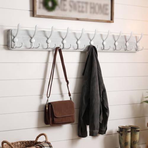 WEBI Coat Rack Wall Mounted,38 9/16" Long,10 Triple Hooks,Wood Coat Hooks Wall Mount,Large Coat Hanger Wall,Hook Rack,Tri Hooks for Hanging Coats,Clothes,Jacket,Entryway,Rustic White,2 Packs - Image 5