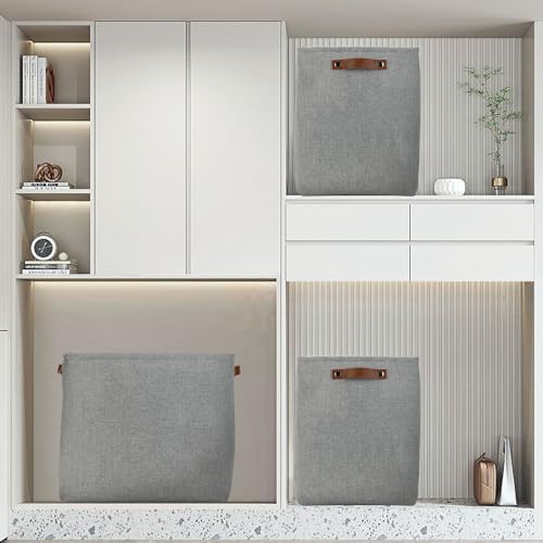 DULLEMELO Large Storage Baskets for Blankets Living Room 51L Canvas Storage Baskets for Organizing 3 Pack Collapsible Baskets Bins for Organizing Home Office with Handles (Grey) - Image 5