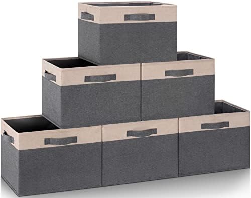GhvyenntteS Large Fabric Storage Bins for Shelves with 3 Handles, 15x11x9.6in Closet Storage Bins, Sturdy Foldable Storage Baskets for Shelves Closet Bedroom Living Room Office (Beige, Set of 6) by GhvyenntteS