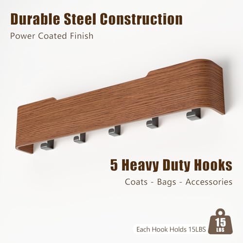 Coat Rack Wall Mount with Hidden Hooks, Wall Hooks with Shelf, Wall Key Holder Mount Wooden Shelf Entryway Hooks for Bedroom Bathroom for Hanging Coats Hats Bags Towels (Walnut, 5 Hooks) - Image 6