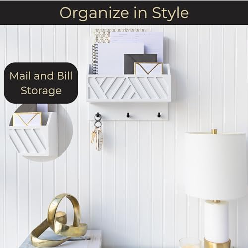 BLU MONACO | Wall Mount Key Holder with Mail Organizer | Wooden Command Center with 3 Hooks and 2-Tier Letter Pockets | Entryway Mail Sorter & Key Rack | White Geometric Wall Organizer for Office Home - Image 2