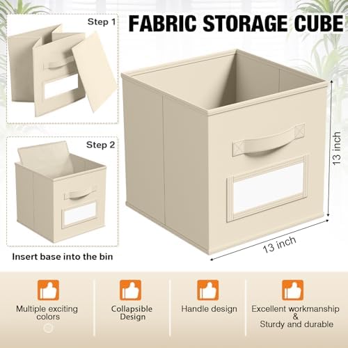 Teenyyou 10 Pack Fabric Storage Cubes 13 Inch Collapsible Cube Bins with Label Window & Handle Foldable Organizers Baskets for Shelf Closet Nursery Kids Room Clothes Book Toy(Beige) - Image 3