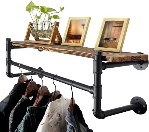 WEBI Wall Mounted Clothes Rack with Shelf,41.3" Long Industrial Pipe Clothing Rack with Shelves,Heavy Duty Iron Garment Rack Bar,Retail Display Clothes Rod for Clothes,Laundry Room,Black by WEBI