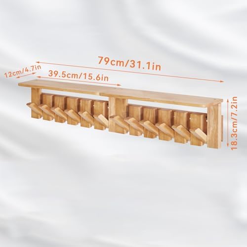 Piano Key Coat Rack Wall Mount with Shelf and 12 Hooks, Natural HWS008N-2 - Image 3