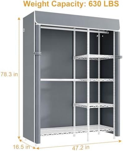 ULIFHOME F2C Clothes Rack with Cover, White Closet with Gray Cover - Image 5
