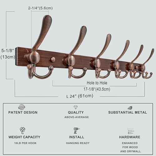 Dseap Coat Rack Wall Mount 24 Inch, Heavy Duty 12-Gauge Base vs Flimsy 1mm, Double-Thick Solid Anti-Snap Hooks, Stainless Steel 6-Hook Hanger Organizer for Clothes Hat Closet Entryway, Antique Copper - Image 3