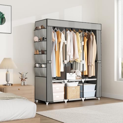 Portable Closet with Cover, 3 Hanging Rods and Side Pocket, Sturdy Free Standing Closet, Grey - Image 7