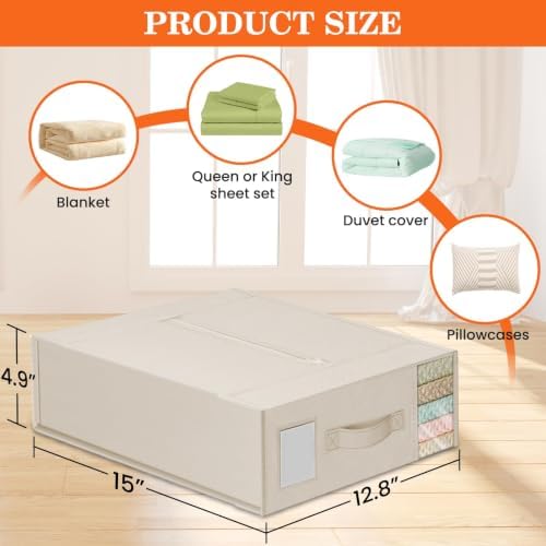 WOWBOX Sheet Organizers and Storage,Closet Bed Sheet Organizer Under Bed Storage and Organization with Label Cards & Clear Window for Bedding Sheets,Duvet Covers,Blankets (8 Pack，Beige) - Image 5