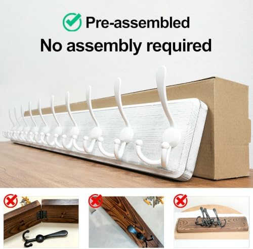 WEBI Coat Rack Wall Mounted,38 9/16" Long,10 Triple Hooks,Wood Coat Hooks Wall Mount,Large Coat Hanger Wall,Hook Rack,Tri Hooks for Hanging Coats,Clothes,Jacket,Entryway,Rustic White,2 Packs - Image 6