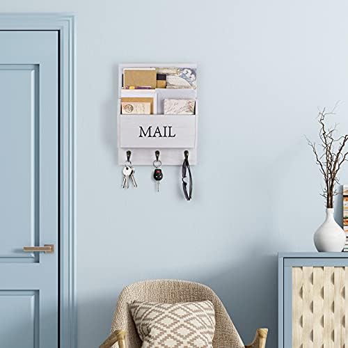 DLQuarts Solid Wood Mail Organizer with Key Holder for Wall, Mail Sorter Wall Mounted, Decorative Wooden Key and Mail Holder with 3 Hooks, Soft White - Image 2