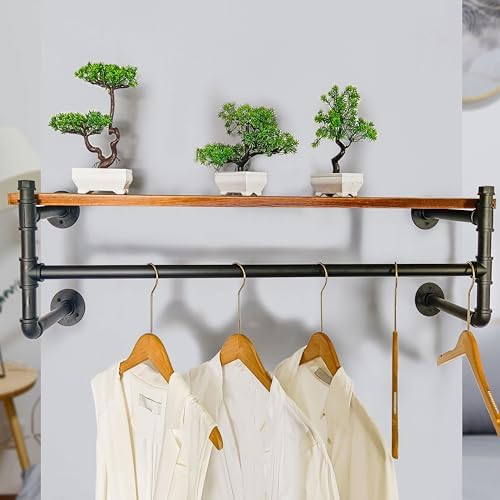 WEBI Wall Mounted Clothes Rack with Shelf,41.3" Long Industrial Pipe Clothing Rack with Shelves,Heavy Duty Iron Garment Rack Bar,Retail Display Clothes Rod for Clothes,Laundry Room,Black - Image 3