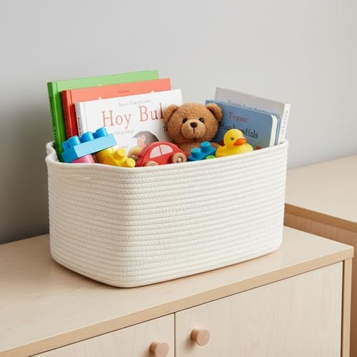 R RUNKA Cotton Rope Basket Set of 3 (15"x10.2"x9.1") - Rectangle Storage Bins - Versatile Toy Storage Organizer - Perfect for Kids, Dog Toys, Books, Shelves - White - Image 7