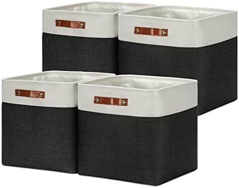 DULLEMELO Storage Baskets, 13 Inch Cube Storage Bins for Shelves Closet Storage, Foldable Linen Closet Organizers Storage Baskets for Closet Storage (4 Pack - 13" White&Black) by DULLEMELO