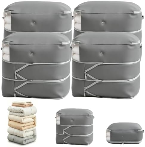 Comforter Storage Bag, Large Capacity Blanket Storage Bags 3-Layer Ultra Space Saving Self Compression Organizer, Heavy Duty Space Saver Organizer for Bedding, Clothes, Blanket, 4-Pack, Gray by Unknown