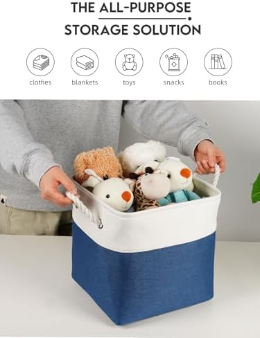 Temary Cube Storage Baskets 11x11, Set of 6 Decorative Fabric Bins with Metal Frame Around the Top Rim, Sturdy Collapsible Organizers for Closet, Office (White & Dark Blue) - Image 7