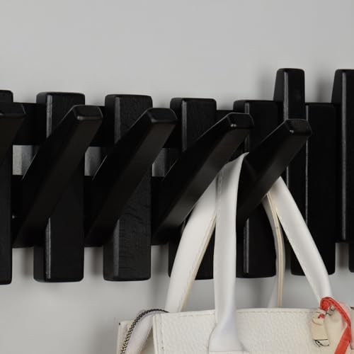 Beech Piano Key Coat Rack with 12 Flip Hooks, Black - Image 7