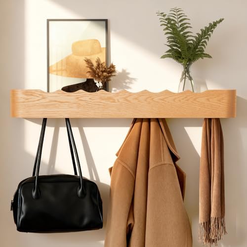 Coat Rack Wall Mount with Shelf Entryway Shelf Modern Key Holder Hanger Wall Shelves with Hidden Hooks for Hanging Towels Coats Hats Bags for Hallway Bathroom Bedroom (Wavy Oak, 8 Hooks) by FURNAWAY