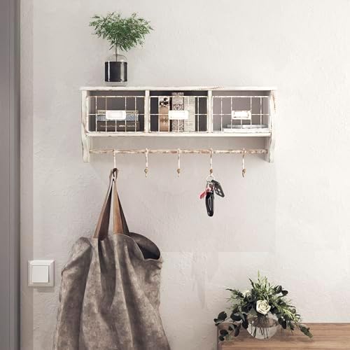 BizChair Wall Mounted Storage Rack - Whitewashed Solid Pine Wood - 24 Inch - Upper Shelf - 5 Hooks - Wire Baskets - For Entryway, Kitchen, Bathroom - Image 2