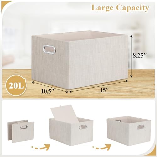 Posprica Closet Storage Bins, 4 Pack Closet Shelf Organizers, Linen Fabric Decorative Storage Baskets for Organizing, Foldable Storage Box for Clothes, 15x10.5x8.25 Inch (Beige) - Image 3