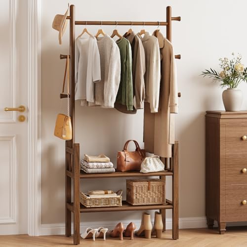 Yoobure Solid Wood Clothing Rack with Shelves - Coat Rack Freestanding with 6 Hooks, 3-in-1 Hall Tree for Hanging Clothes, Tall Garment Racks with Storage for Bedroom, Entryway, Living Room, Closet - Image 4