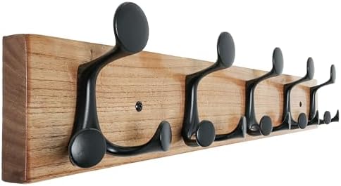 SKOLOO 24-Inch Wood Coat Rack Wall Mount with 5 Triple Hooks - Ideal for Family Entrances, Classrooms, and Pet Supplies Storage - Perfect Coat Hooks for Wall, Black on Natural by SKOLOO