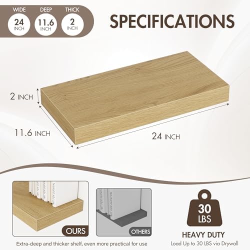 Acovy 24 Inch Floating Shelves, 12" Deep Floating Shelf Wall Mounted, 24" Wall Shelves, Rustic Deep Bookshelf, Extra Deeper & Thicker Display Shelves for Bedroom, Living Room, Oak, Set of 2 - Image 3