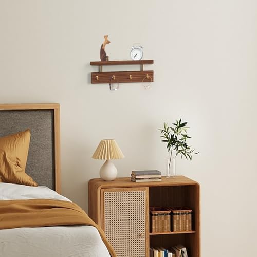 Solid Wood Shelf with Hooks, 12 inch Coat Rack Wall Mount, Shelves with 4 Brass Hooks for Hanging in Entryway, Living Room, Bathroom, Bedroom, Kitchen(Walnut) - Image 5