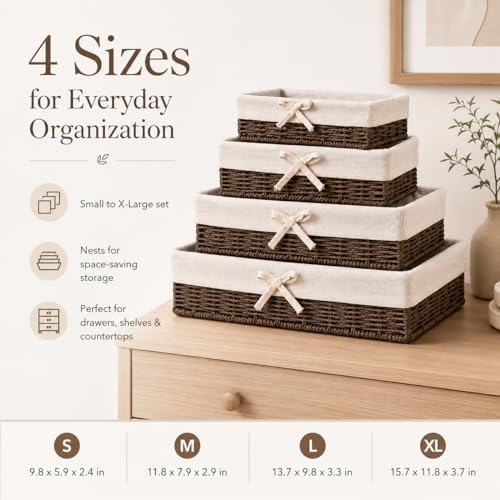 Baskets for Shelves Set of 4, Woven Paper Rope Storage, Brown - Image 2