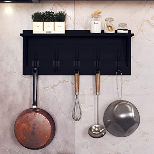 Wall Mounted Coat Rack Shelf, Rustic Wooden Country Style 24" Entryway Shelf with 5 Rustic Hooks featuring Solid Pine Wood. Perfect touch for your Entryway, Mudroom, Kitchen, Bathroom and More, Black - Image 6
