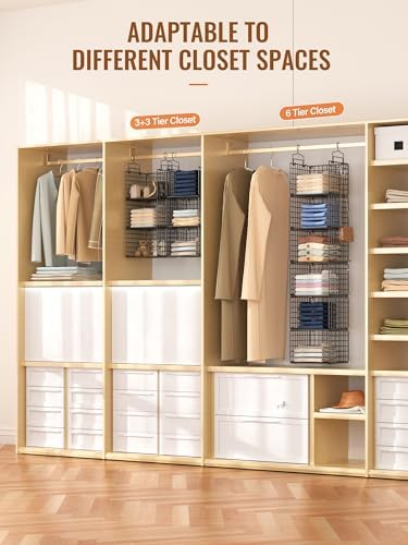 6 Tier Closet Hanging Organizer, Metal Closet Organizers and Storage with 4 Hanging Hooks 4 S-Hooks for Wardrobe Laundry Room, Wire Storage Shelf for Clothes Sweaters Pants (Black) - Image 5