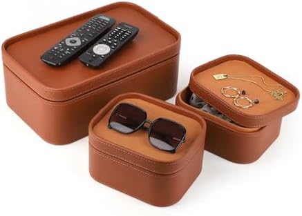 HofferRuffer Faux Leather Decorative Storage Boxes, Dust proof Storage Shelf Baskets with Lids Trays, Storage Bins Memory Box Organizer for Home, Office, Jewelry & More, Set of 3 (Brown) - Image 3