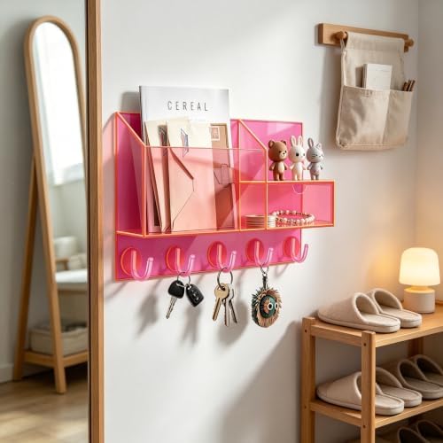 Acrylic Key Holder Wall Mount Mail Organizer for Wall with Shelf Storage Drawer and 5 Hooks, Neon Pink - Image 5