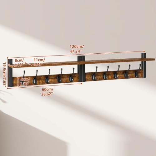 47.2" Coat Rack Wall Mount with Shelf and 10 Hooks, Rustic Brown UHWS004H-2 - Image 3
