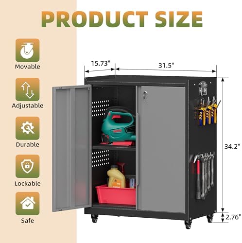 34''H Garage Storage Cabinet with Wheels, Meatl Storage Cabinet with Lock - Image 3